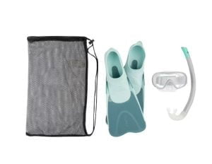 Kit de snorkeling enfant palmes masque tuba SNK bleu gris menthe pastel Kit de snorkeling enfant palmes masque tuba SNK bleu gris menthe pastel